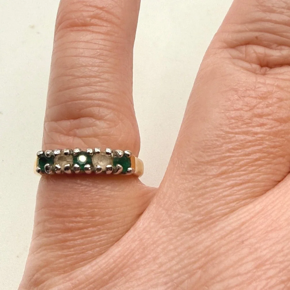 Vintage 18K Gold Plated Green Clear Rhinestone Five Stone Ring Size 4.75 18KHGE